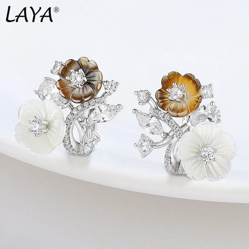 TheRyuko  Clip Earrings For Women High Quality Zircon Natural Shell Flower 925 Sterling Silver Fashion Original Jewelry 2022 Trend