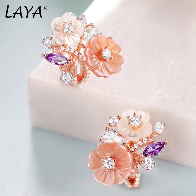 TheRyuko  Clip Earrings For Women High Quality Zircon Natural Shell Flower 925 Sterling Silver Fashion Original Jewelry 2022 Trend