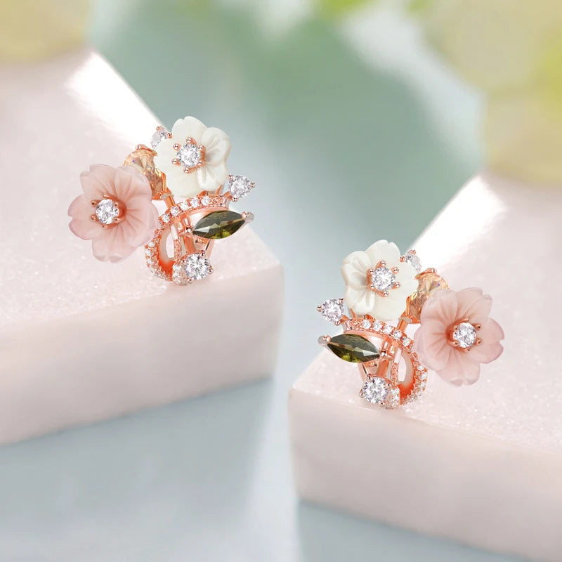 TheRyuko  Clip Earrings For Women High Quality Zircon Natural Shell Flower 925 Sterling Silver Fashion Original Jewelry 2022 Trend