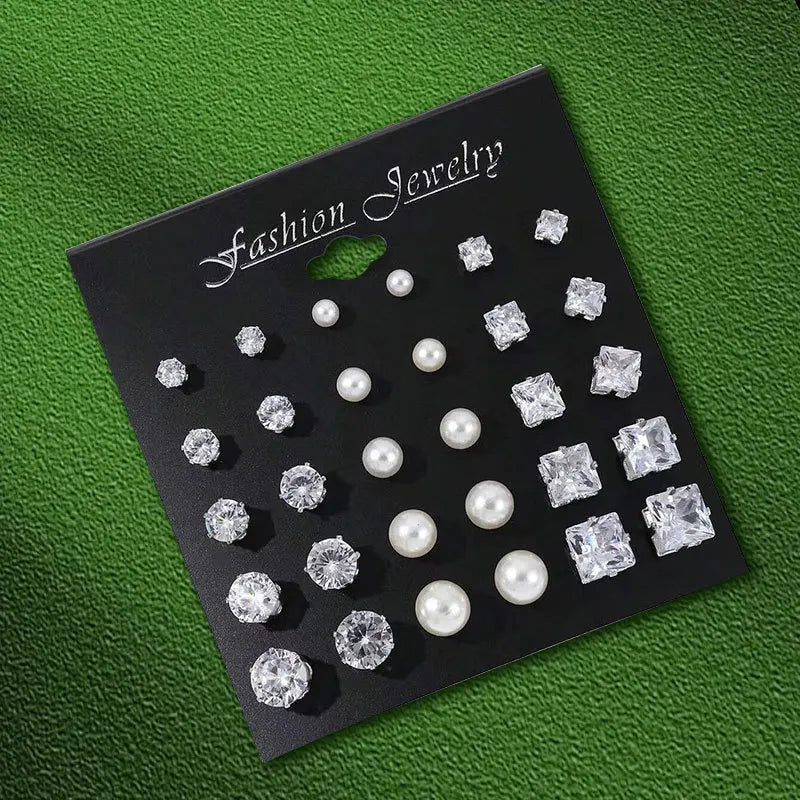 TheRyuko 12 Pairs Set Stainless Steel Stud Earrings with Gemstone Buds Round Earrings Unisex Fashion Jewelry Gifts