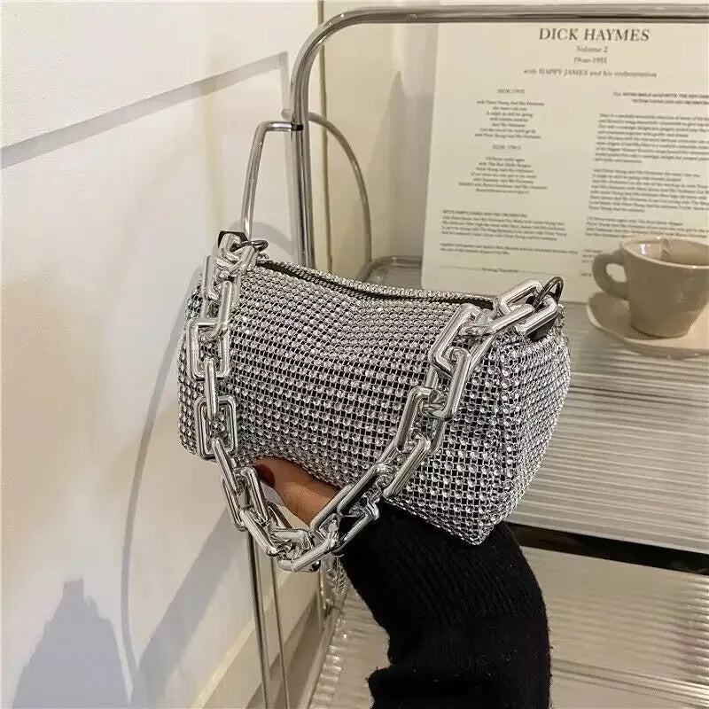 TheRyuko Allover Rhinestone Bucket Bag, Glitter Chain Prom Purse, Crossbody Bag (6.3*3.54) Inch