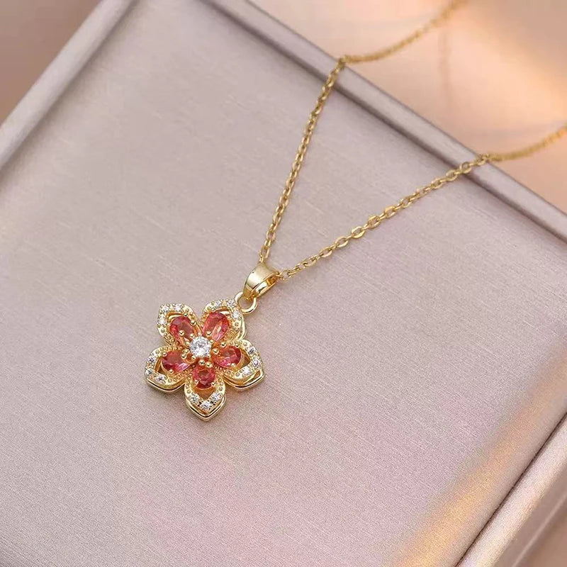TheRyuko Shiny Romantic Flower Pendant Necklace For Women
