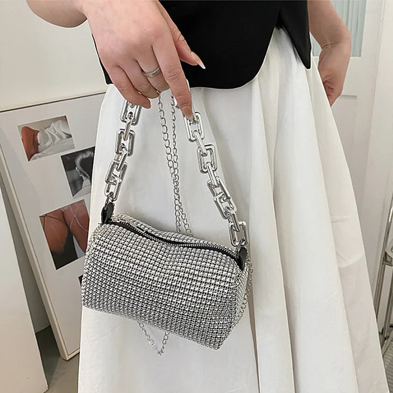 TheRyuko Allover Rhinestone Bucket Bag, Glitter Chain Prom Purse, Crossbody Bag (6.3*3.54) Inch