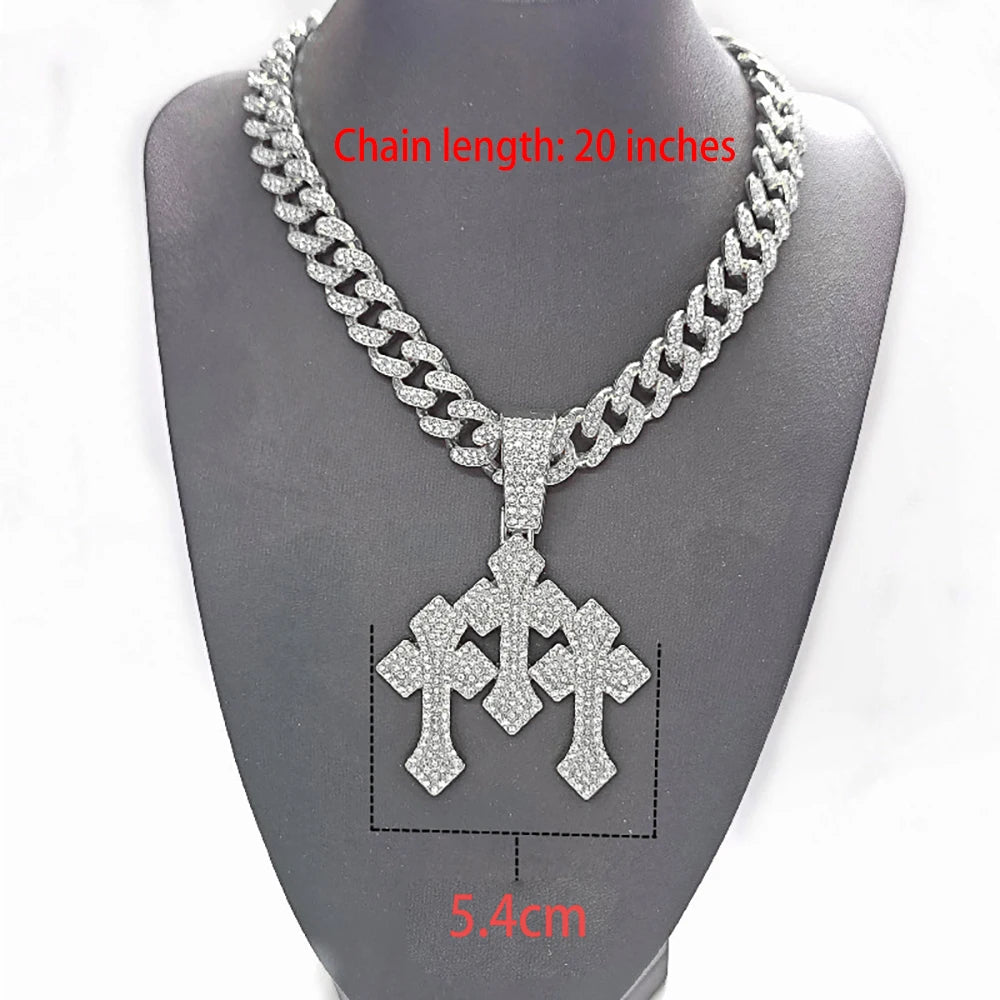 TheRyuko New Iced Out Stacked Crosses Pendant Necklaces for Men