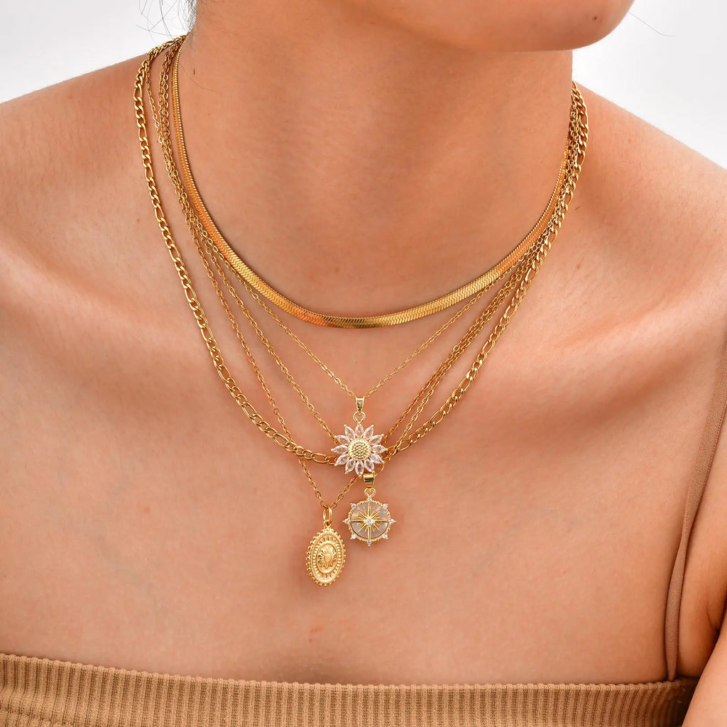 TheRyuko Stainless Steel Spiral Sun Flower Pendant Necklace for Women