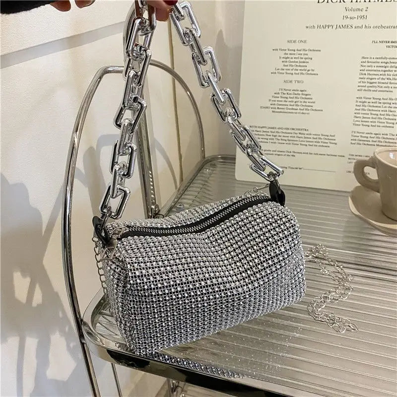 TheRyuko Allover Rhinestone Bucket Bag, Glitter Chain Prom Purse, Crossbody Bag (6.3*3.54) Inch