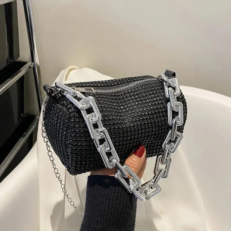 TheRyuko Allover Rhinestone Bucket Bag, Glitter Chain Prom Purse, Crossbody Bag (6.3*3.54) Inch