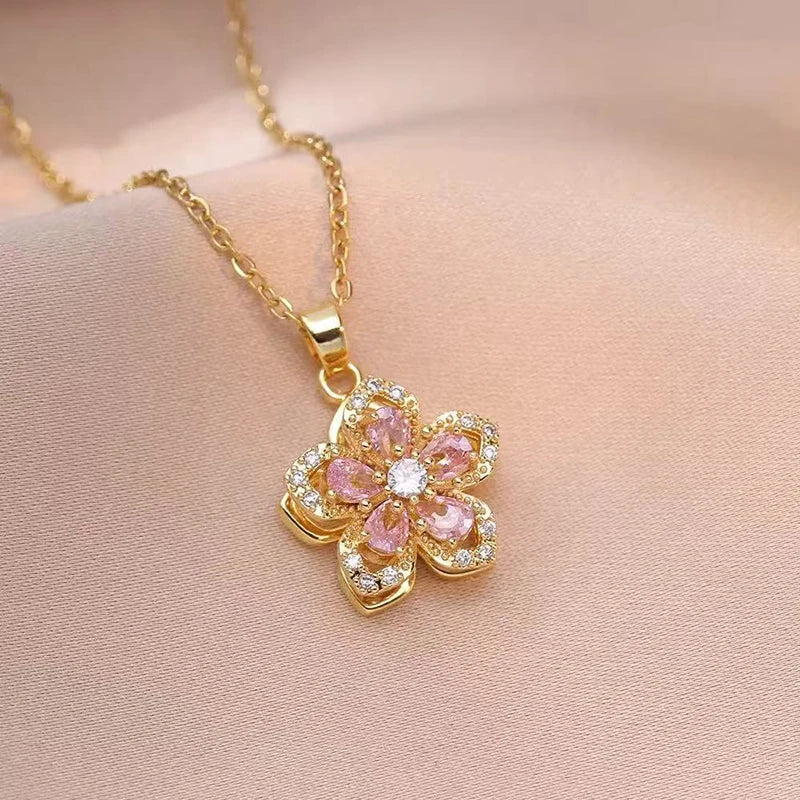 TheRyuko Shiny Romantic Flower Pendant Necklace For Women