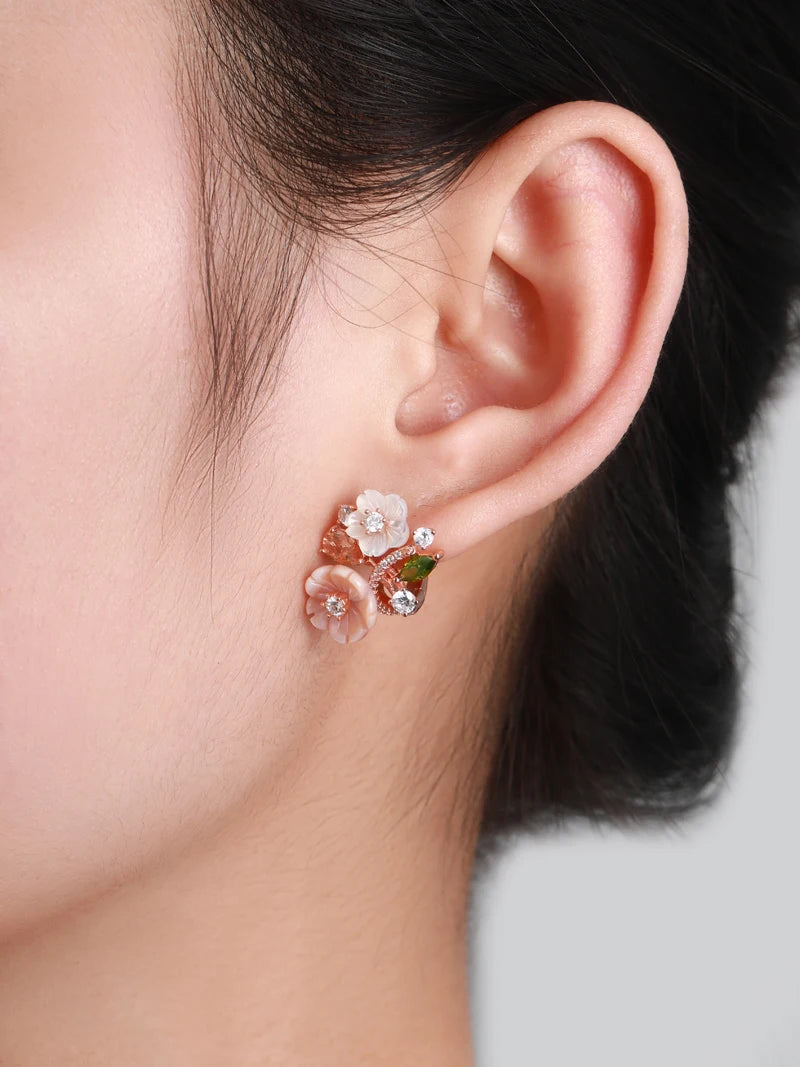 TheRyuko  Clip Earrings For Women High Quality Zircon Natural Shell Flower 925 Sterling Silver Fashion Original Jewelry 2022 Trend