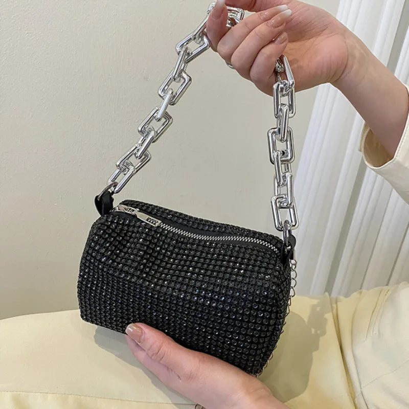 TheRyuko Allover Rhinestone Bucket Bag, Glitter Chain Prom Purse, Crossbody Bag (6.3*3.54) Inch