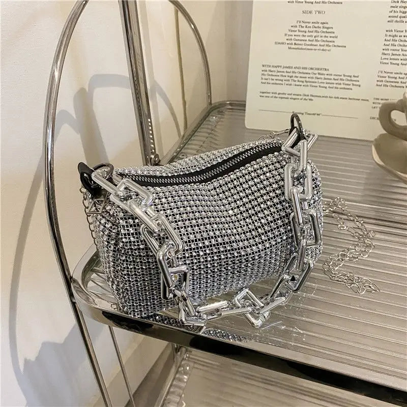 TheRyuko Allover Rhinestone Bucket Bag, Glitter Chain Prom Purse, Crossbody Bag (6.3*3.54) Inch