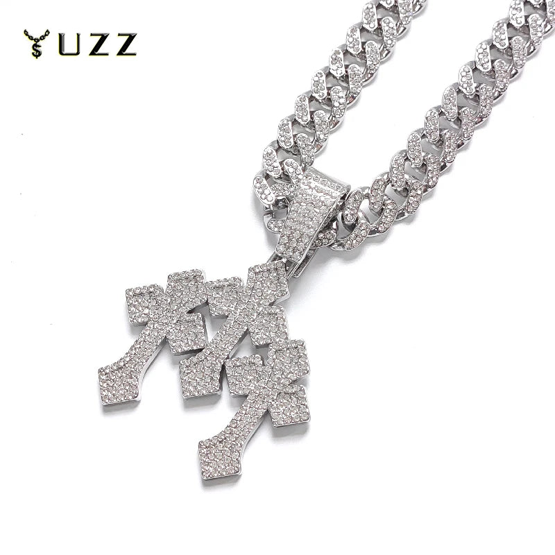 TheRyuko New Iced Out Stacked Crosses Pendant Necklaces for Men