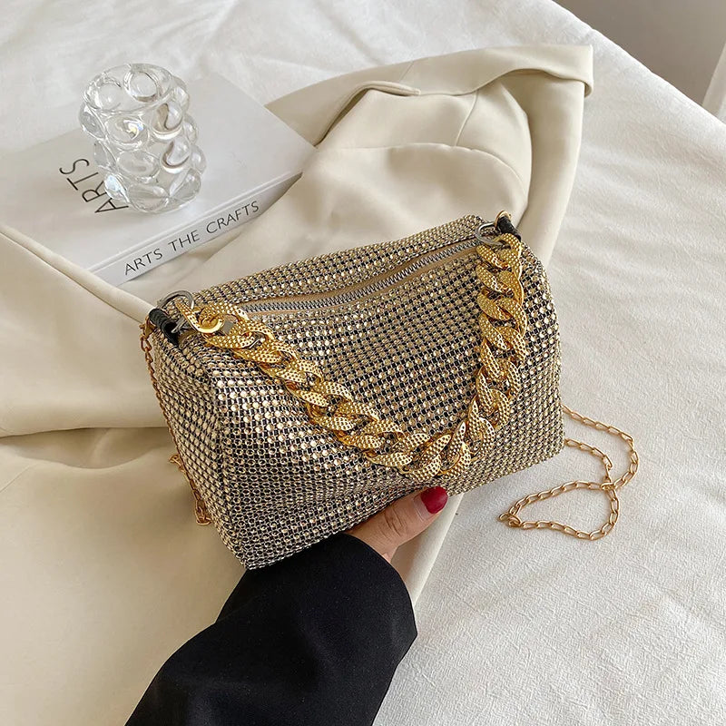 TheRyuko Allover Rhinestone Bucket Bag, Glitter Chain Prom Purse, Crossbody Bag (6.3*3.54) Inch