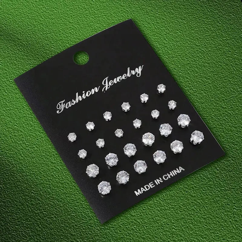 TheRyuko 12 Pairs Set Stainless Steel Stud Earrings with Gemstone Buds Round Earrings Unisex Fashion Jewelry Gifts