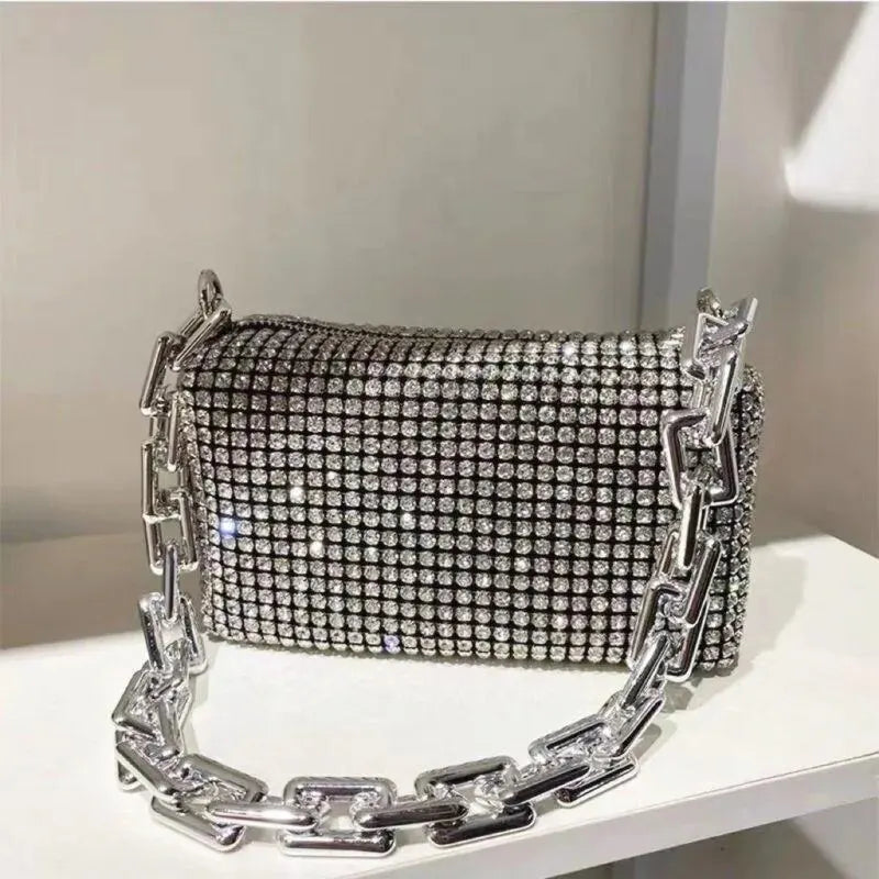 TheRyuko Allover Rhinestone Bucket Bag, Glitter Chain Prom Purse, Crossbody Bag (6.3*3.54) Inch