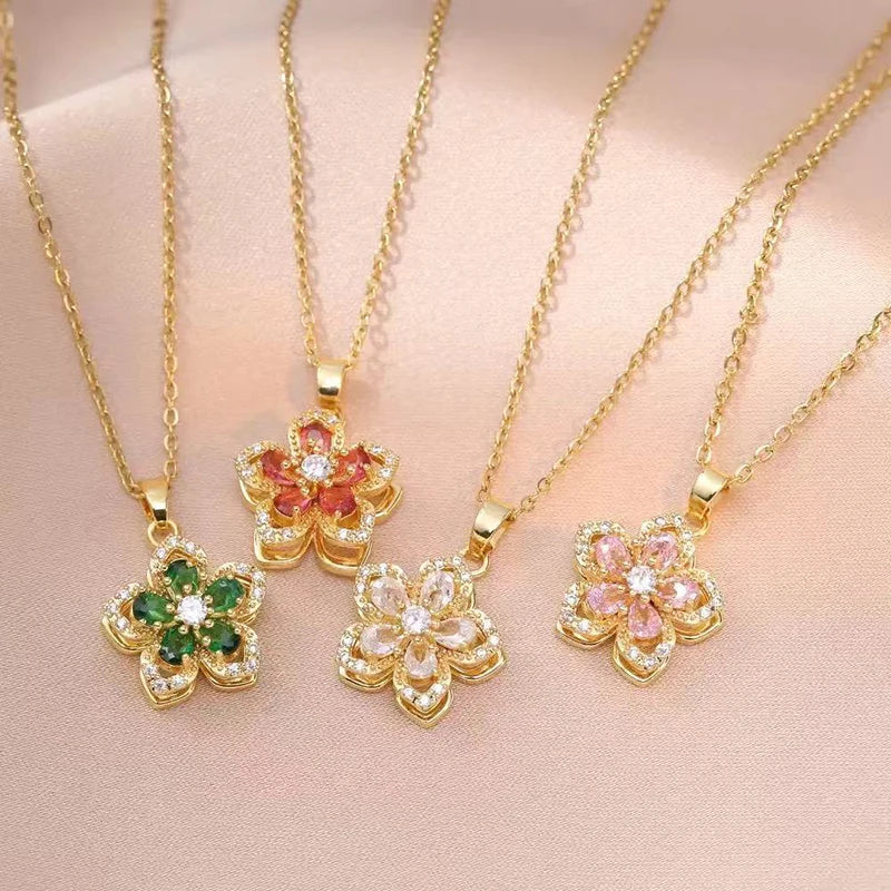 TheRyuko Shiny Romantic Flower Pendant Necklace For Women